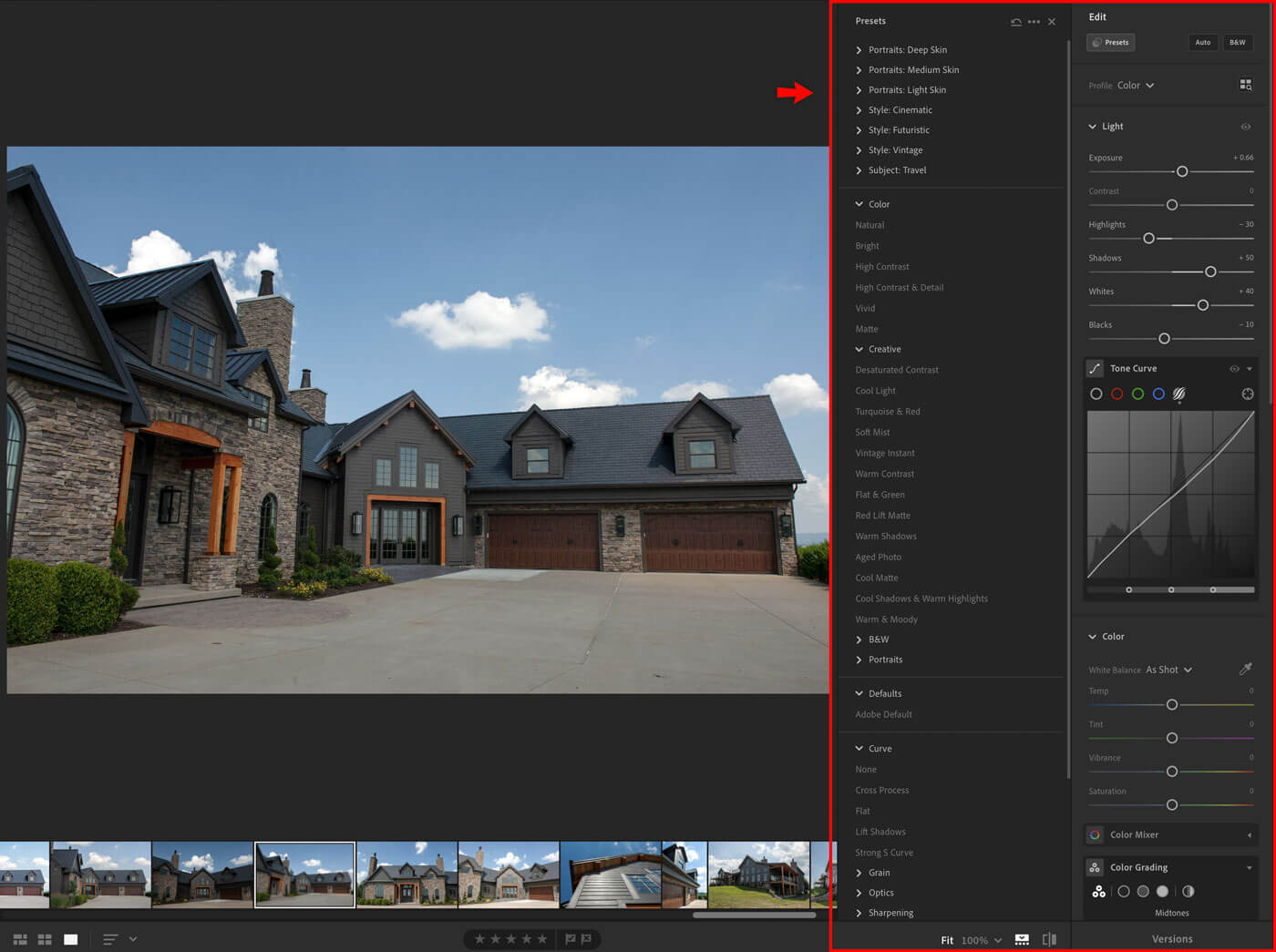 Screenshot highlights presents and adjustments for lighting, tone, color and light in Lightroom.