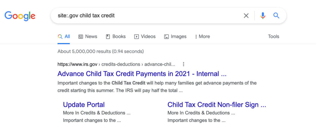 Use Google's site search functionality to filter results to same type of website extension, like .gov webpage results.