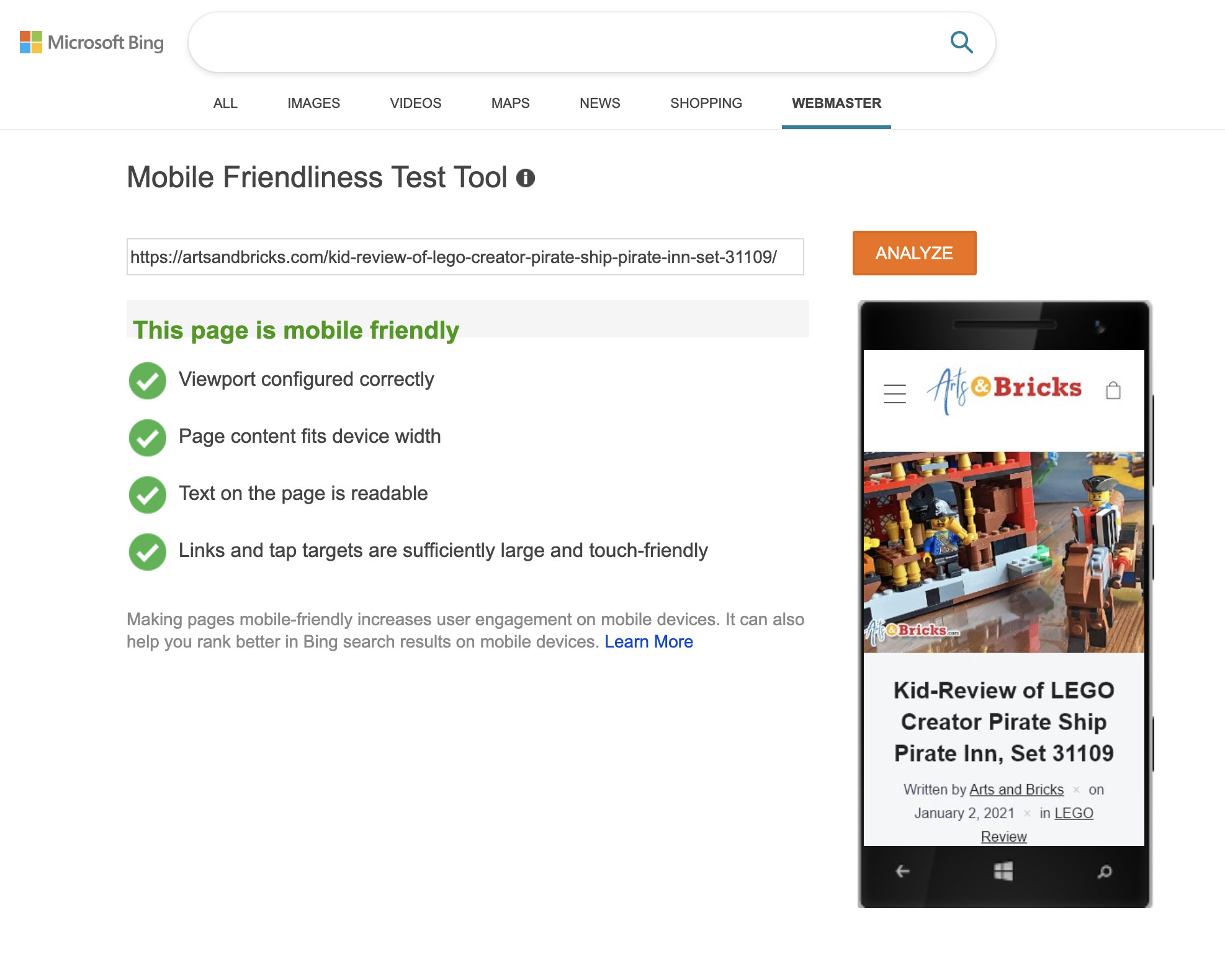 A passing result for a webpage on Bing's Mobile Friendliness Test.