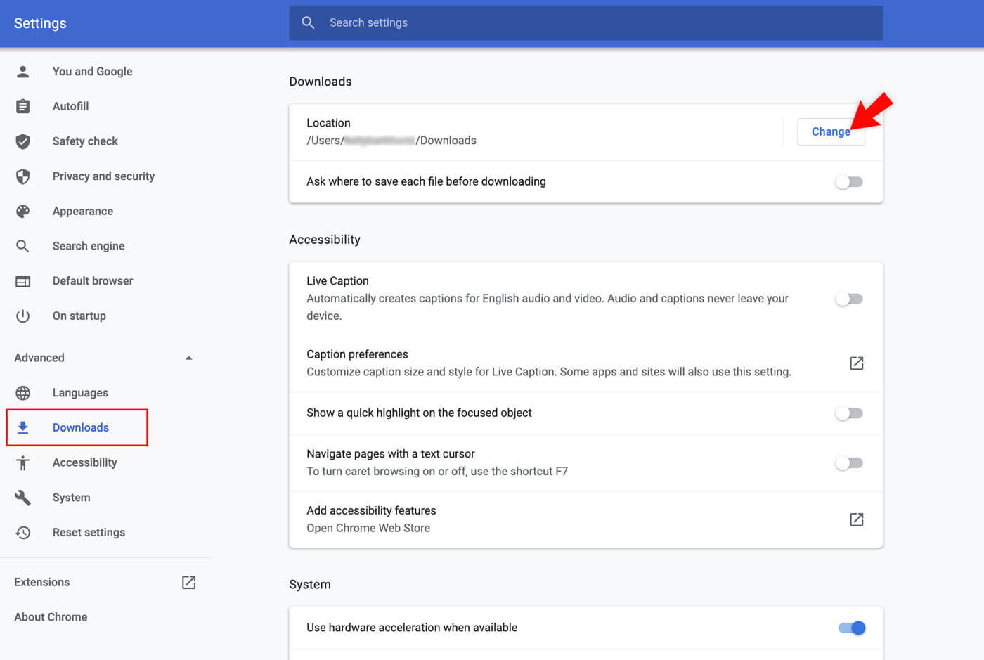 How to change your downloads location from Chrome Settings.