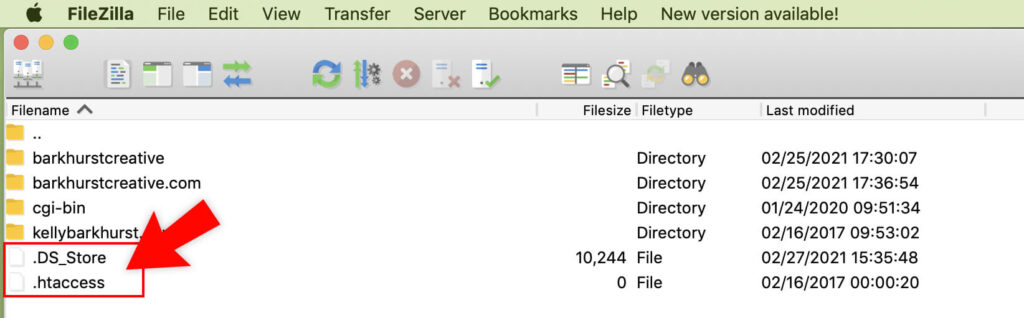 Example of a hidden file on your Mac being displayed in the FileZilla window.