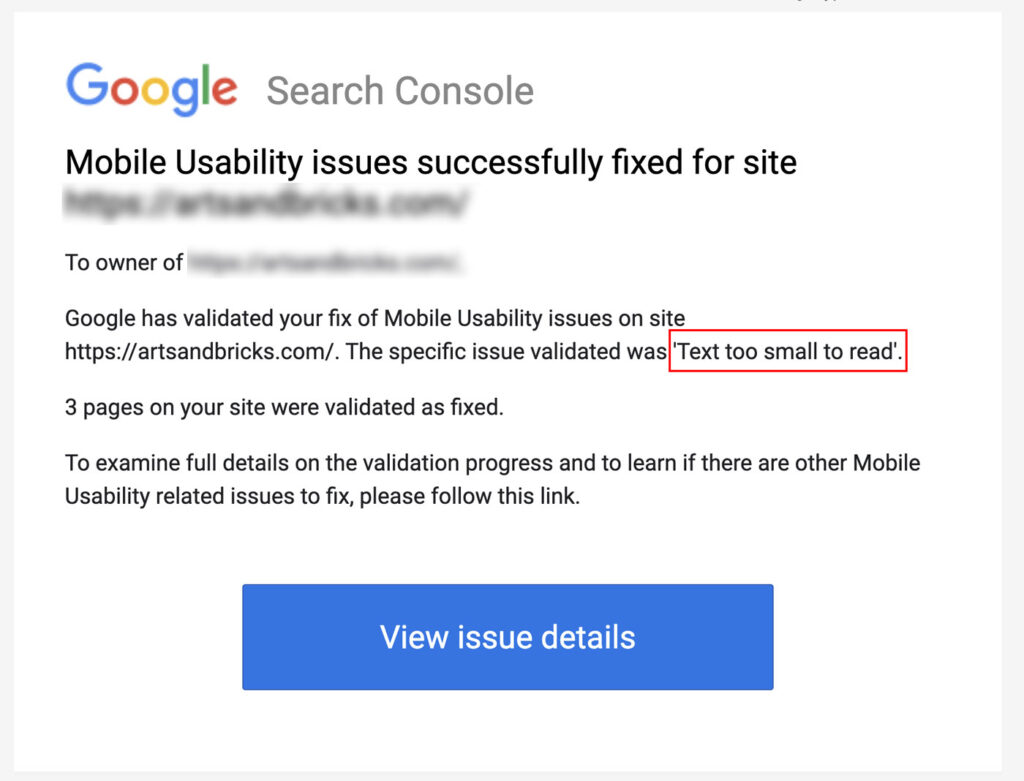 Google Search Console Success email for fixing "Text too small to read" error.