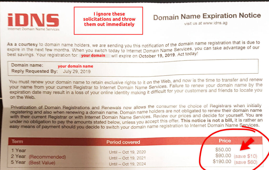 iDNS Domain Name Expiration Notice - paper snail mail. Safe to ignore and throw out. Most importantly, this pricing is much higher than the industry standard. You can renew your domain for less than $10 a year at namesilo.com. IDNS is charging $50/year for the same renewal service! 