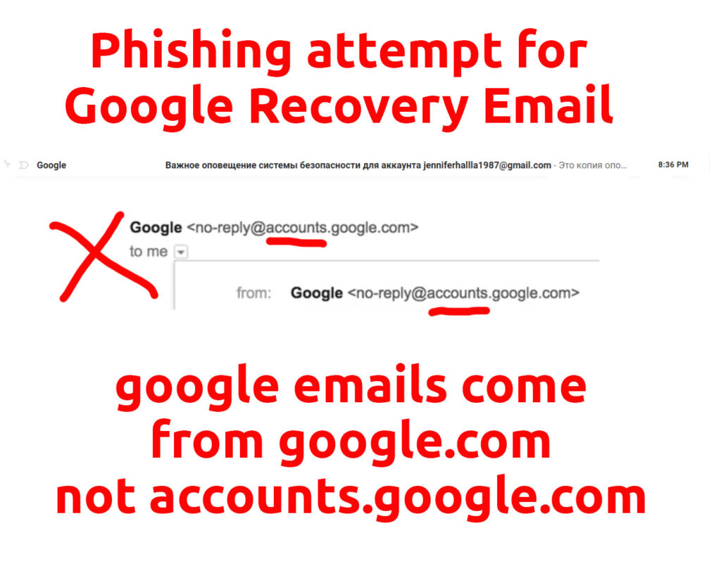 Phishing attempt spoofing Google. Fake email address is accounts.google.com. Official google emails come google.com.