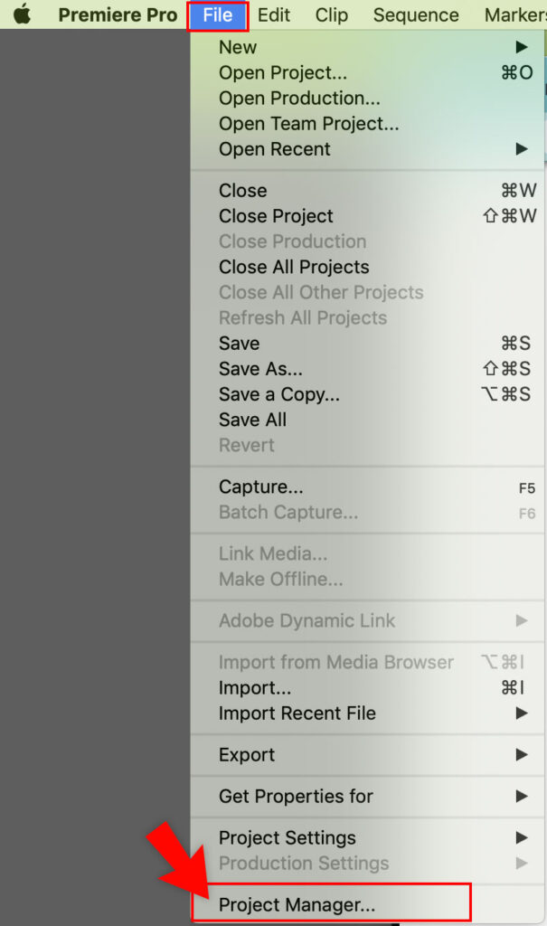 The option for Project Manager in Adobe Premiere is all the way at the bottom of the File menu.