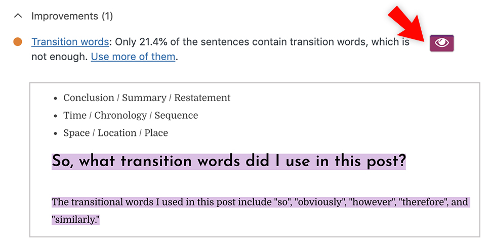 Transition words highlighted via the Yoast plugin