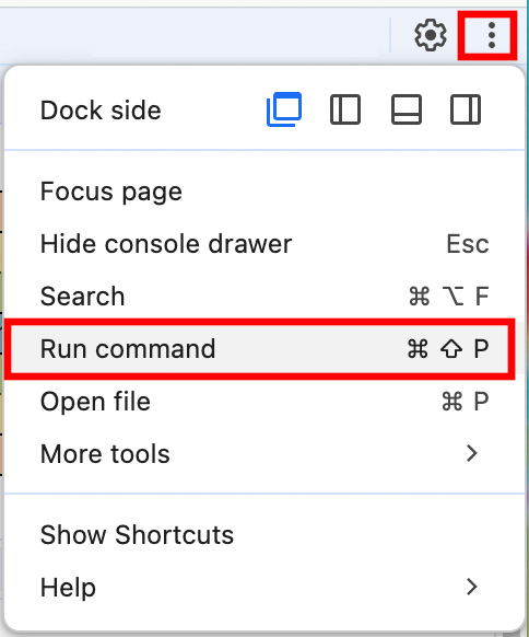 Find the run command in Google Chrome Developer Tools