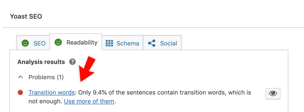 Yoast SEO's Analysis Results Readability Problems for Transition Words