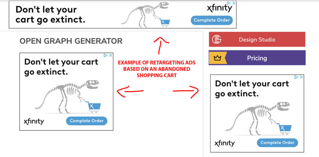 An example of online advertisements for abandoned carts. Clever copywriting from xfinity: "Don't let your cart go extinct"