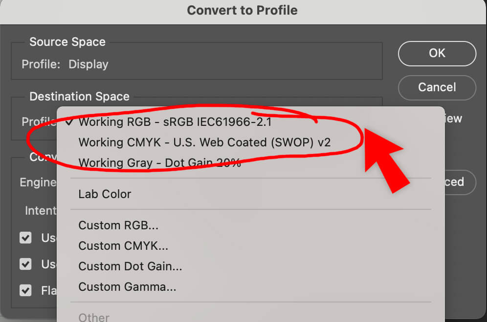 Under Destination Space select Working RGB or Working CMYK. Finally, click the OK button. 