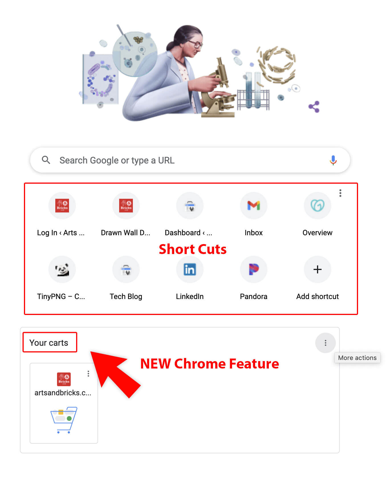 Chrome's Start page now has "Your Carts" Cards under the Search and Shortcuts areas