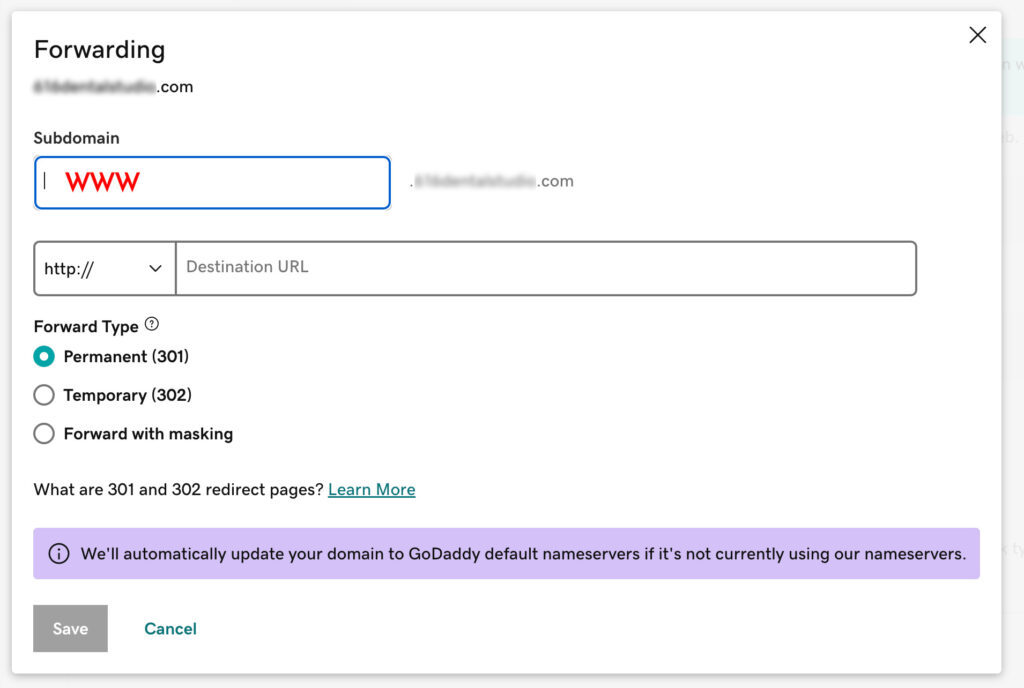 Use GoDaddy's forwarding tool to redirect the subdomain www to a non-www address.