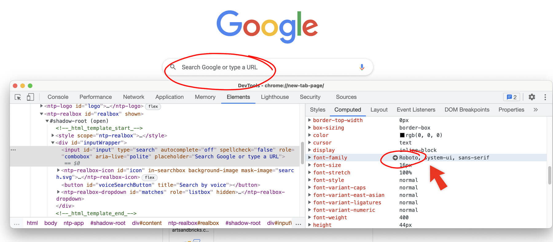 Google's start page looks for Roboto, then system-ui, then sans serif for the font stack.