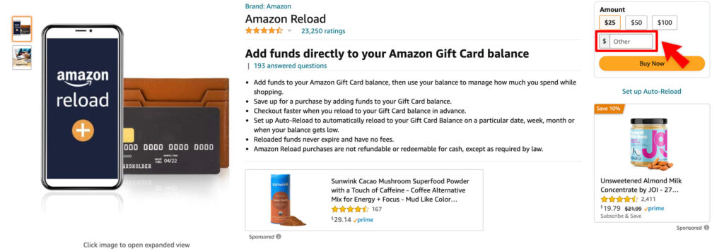 Choose Other and type your gift card balance amount.