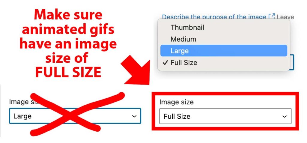 Animated gifs only work in WordPress if the selected Image Size is Full Size.