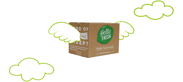Hello Fresh animated flying Hello Fresh box, with clouds and flapping wings