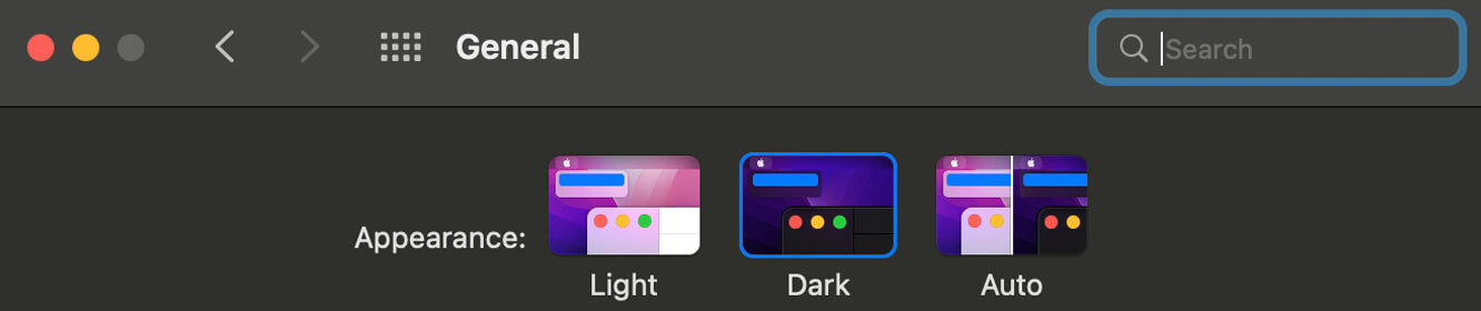 Apple > Preferences > General > Appearance (Light, Dark, or Auto)