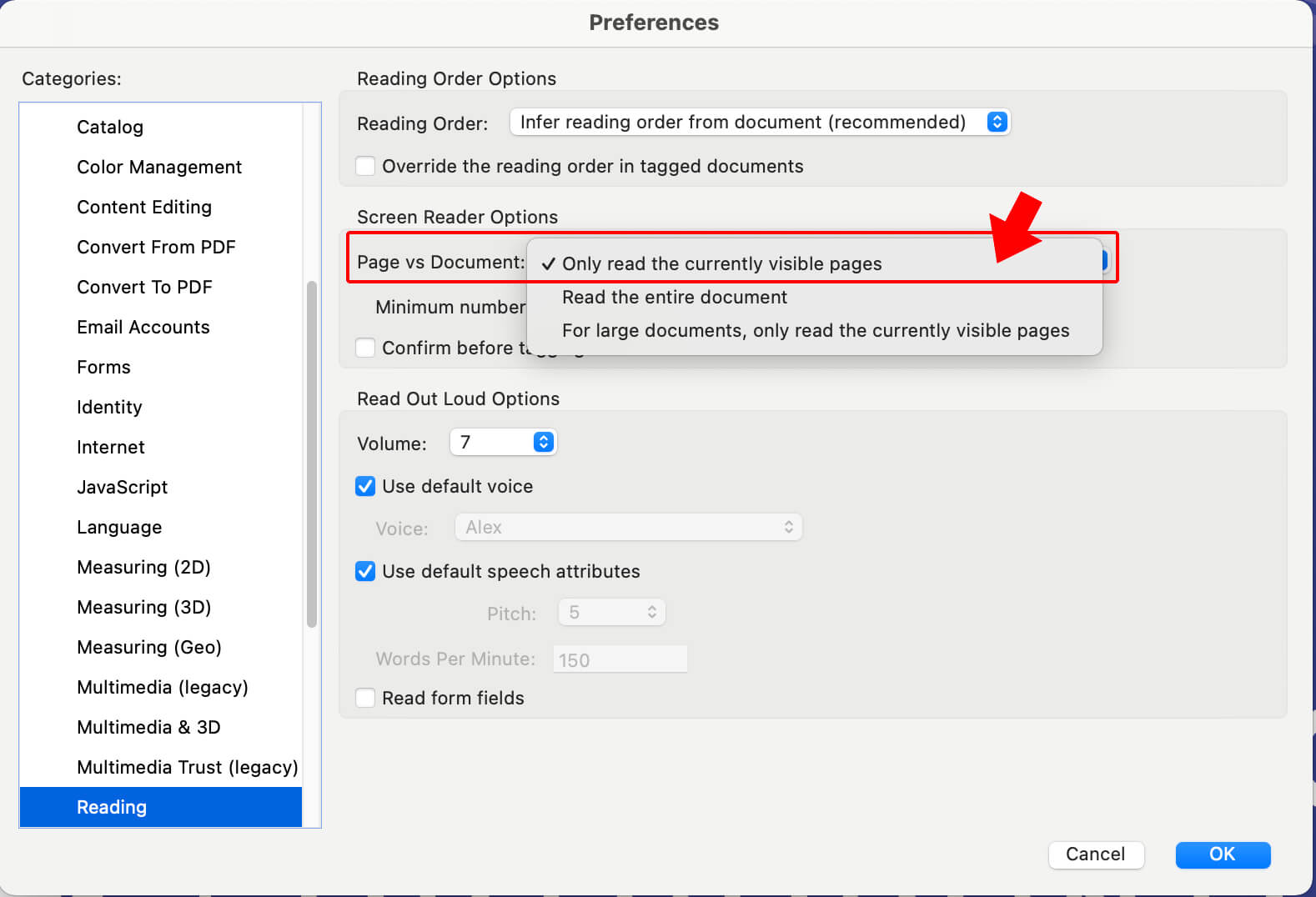 Change Adobe Acrobat's Reading Preferences to "Only read the current visible page."
