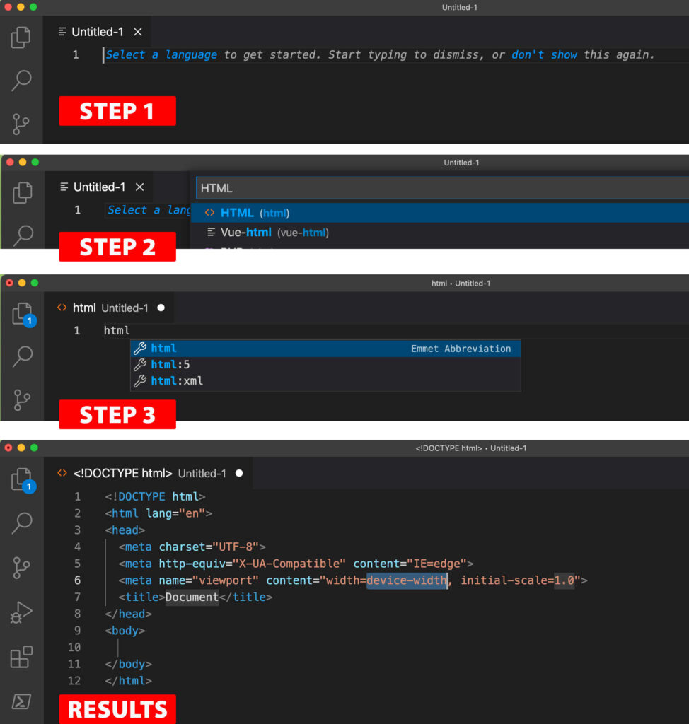 Use VS Code to populate your starter template for HTML by declaring your language and typing HTML then click the Tab button.