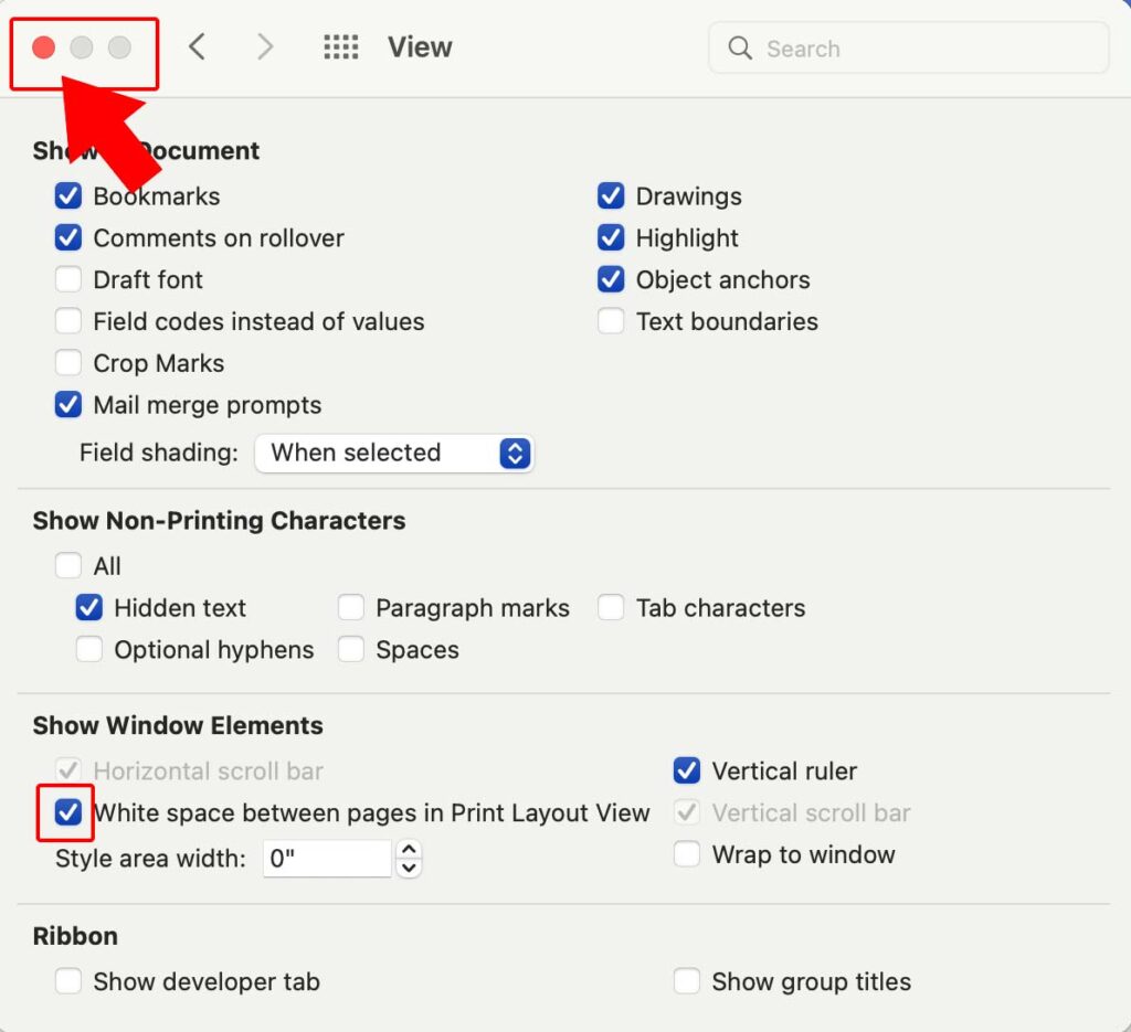 To apply your new Word view settings, close the Preferences window.