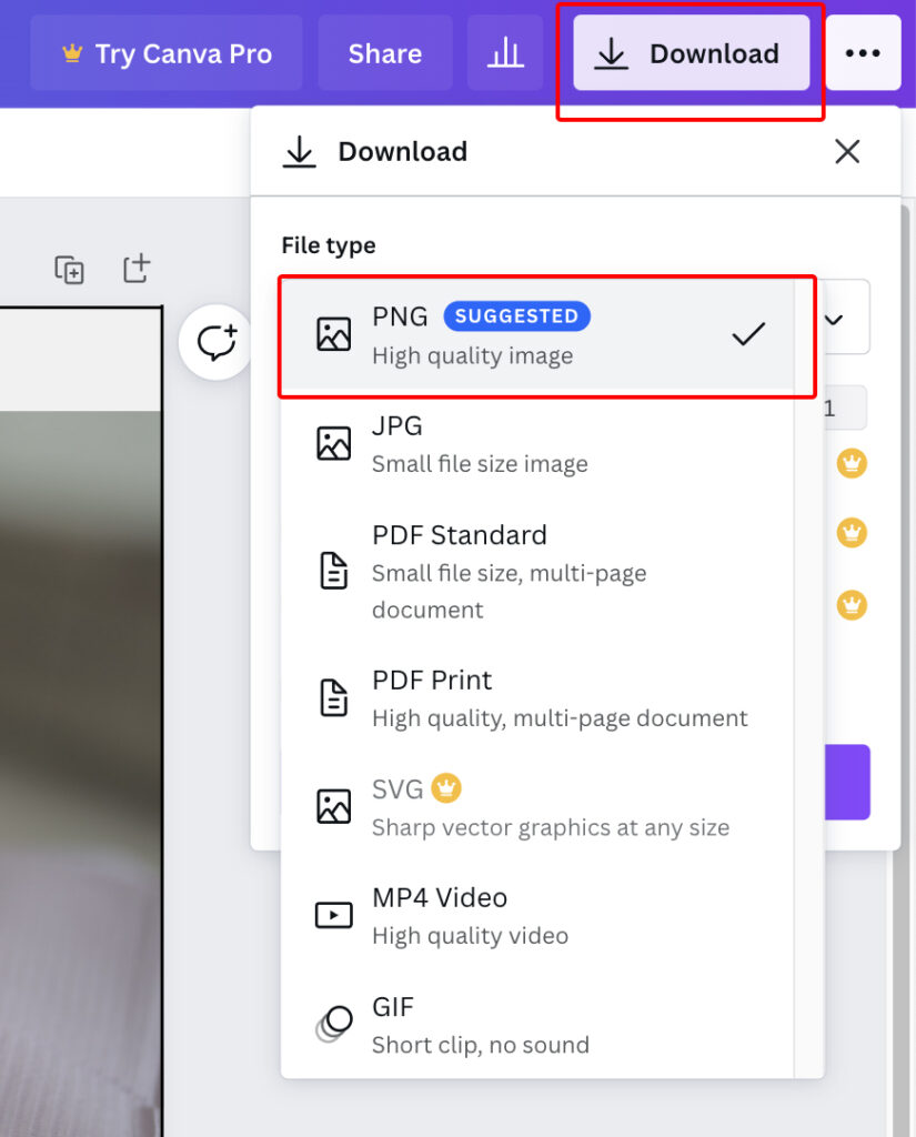 In Canva, exporting is named Download. In the top right of your screen, look for the button labeled, "Download." Clicking download gives you file download options of PNG, JPG, PDF Standard, PDF Print, SVG, MP4, and GIF.