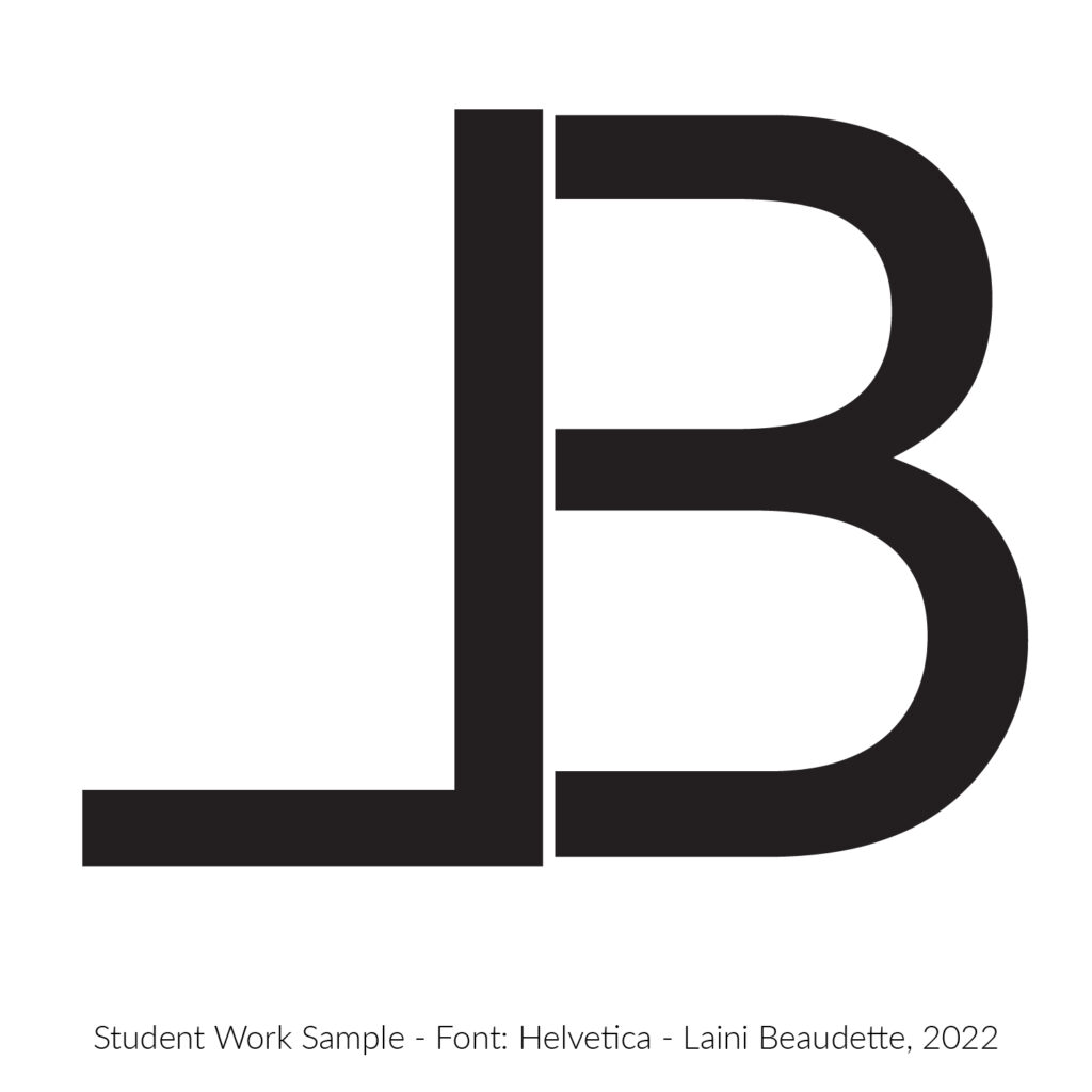 Student work creating a 2 letter logotype. This uses a Helvetica letter L and Helvetica letter B. Designed by Laini Beaudette, 2022