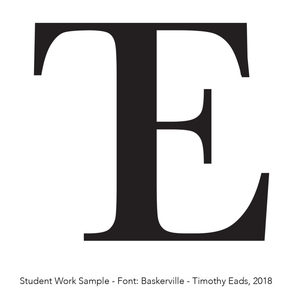 Two letter logotype using a capital letter T and E set in Baskerville; class assignment.