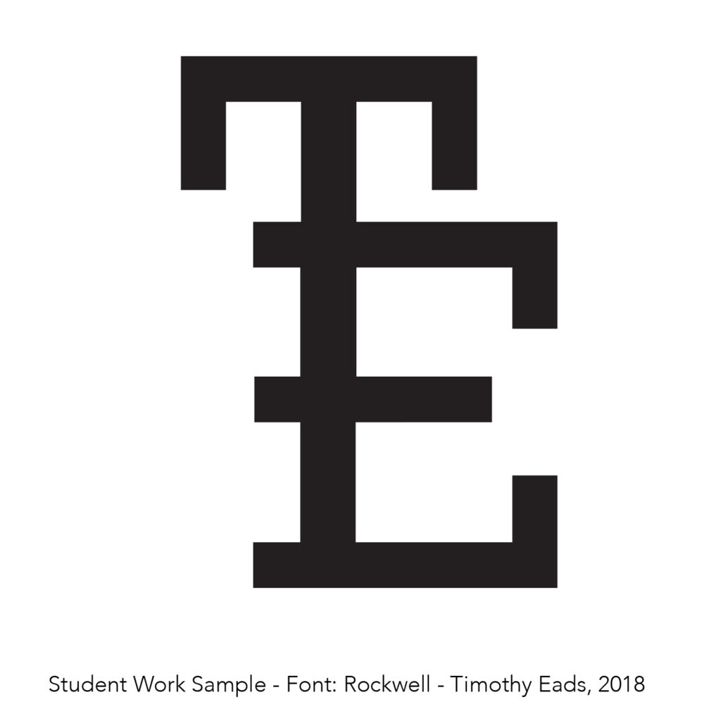 Two letter logotype using a capital letter T and a capital Letter E set in Rockwell