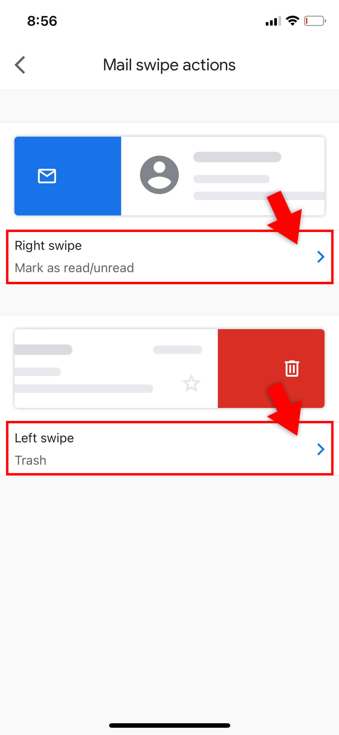 Click the buttons to set configurations for swipe right or swipe left in Gmail on iPhone