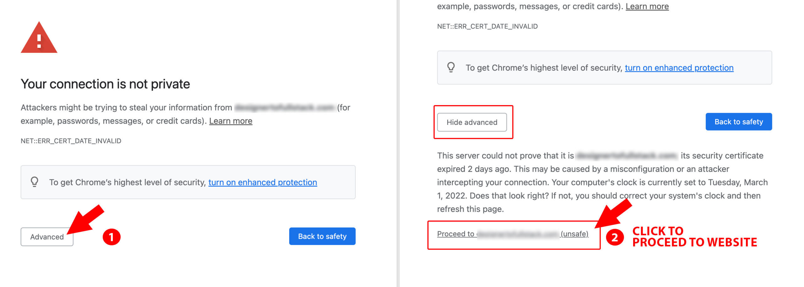 Instructions for how to view a website that has an expired SSL certificate in Chrome. Click the ADVANCED button and then Proceed link.