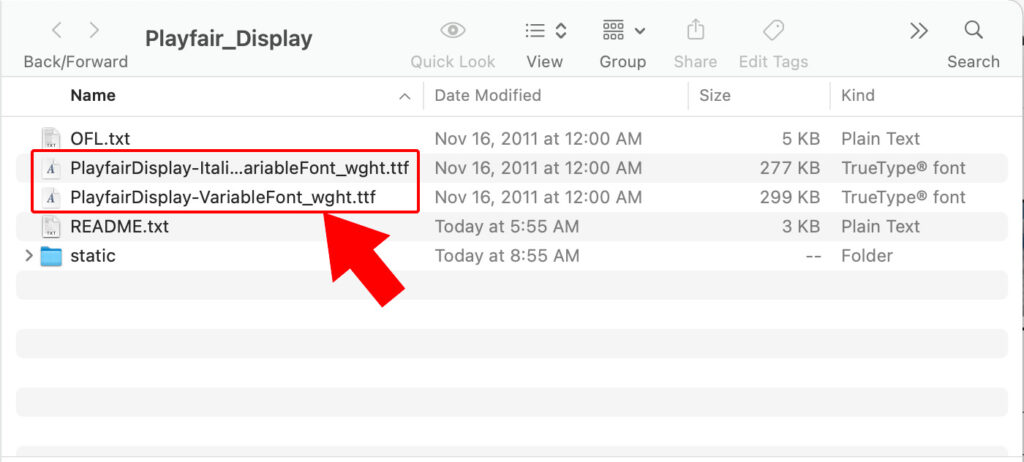 Next, open the font folder labeled Playfair_Display or Open_Sans or any other Google Font name. The actual font file you are installing ends in the extension .ttf. TTF stands for True Type Font and is a compatible font file for both Macs and PCs.