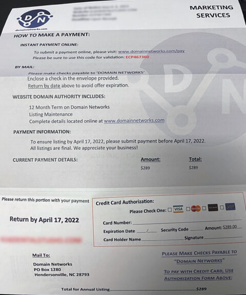 Marketing services solicitation for Website Domain Authority - sent as a physical letter.