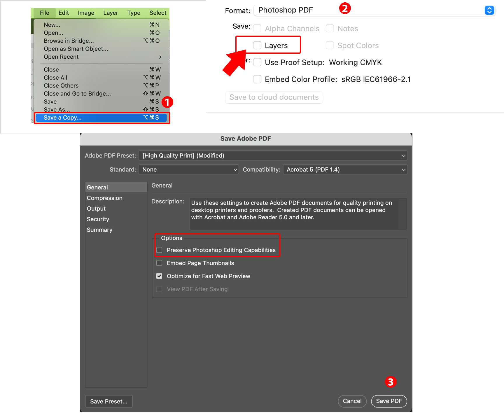 Using Save a Copy creates a second file, a copy, and this saving technique gives you an additional check box option for saving layers (step 2 in the image below) and then also allows you to change your mind on that selection from within the "Save Adobe PDF" dialogue box (step 3 in the image below).