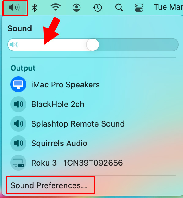 Access Sound Preferences and Settings by Speaker Icon at top of desktop