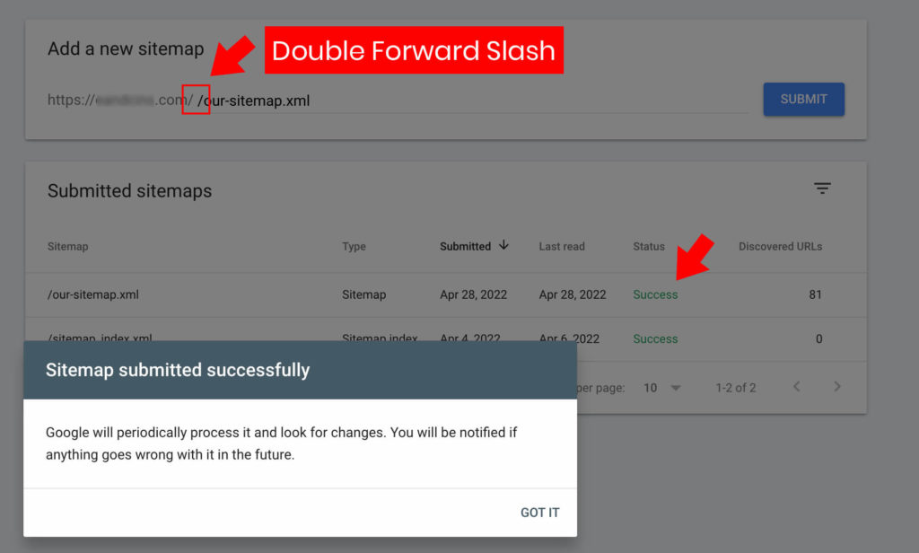 If you're Sitemap submission on Google Search Console is failing, try submitting with a double forward-slash in the address you submit (//). For example, https://www.example.com//sitemap.xml. Note one forward slash is automatic and already included. The second forward slash would begin what you submit in the "Enter Site Map" field.
