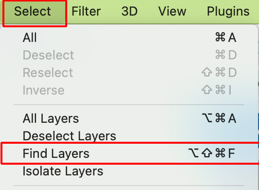 In the latest versions of Adobe Photoshop, you can also access the layers search or layers find functionality by going to Select > Find Layers.