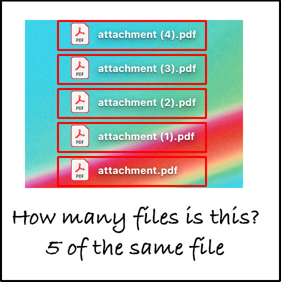 Example of 5 duplicated downloaded files on an Apple Mac with (1), (2), (3), (4) in the file name.