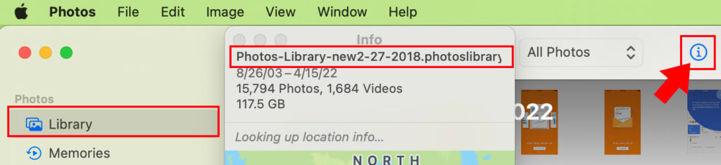 Use the info button to determine your Photo library's file name.