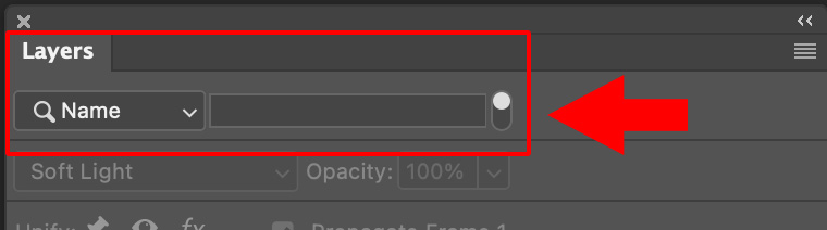 Example of what the Layers search field looks like. Turn this Layers search field on by clicking Shift + Command + Option + F on a Mac (Shift + Ctrl + Alt + F on a PC)