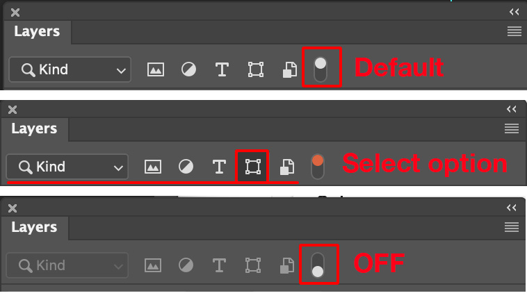 Default layer filtering options in Photoshop.