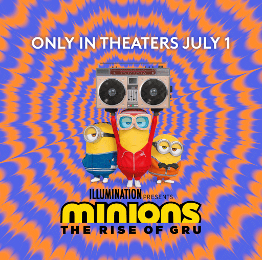 I found myself nodding my head front to back and a little side to side pleasantly enjoying the optical illusion created in this Minions The Rise of Gru still image promotion. The bright colors and slicing of the background design make a mesmerizing SOUND blast. Love the creativity in this online advertisement!