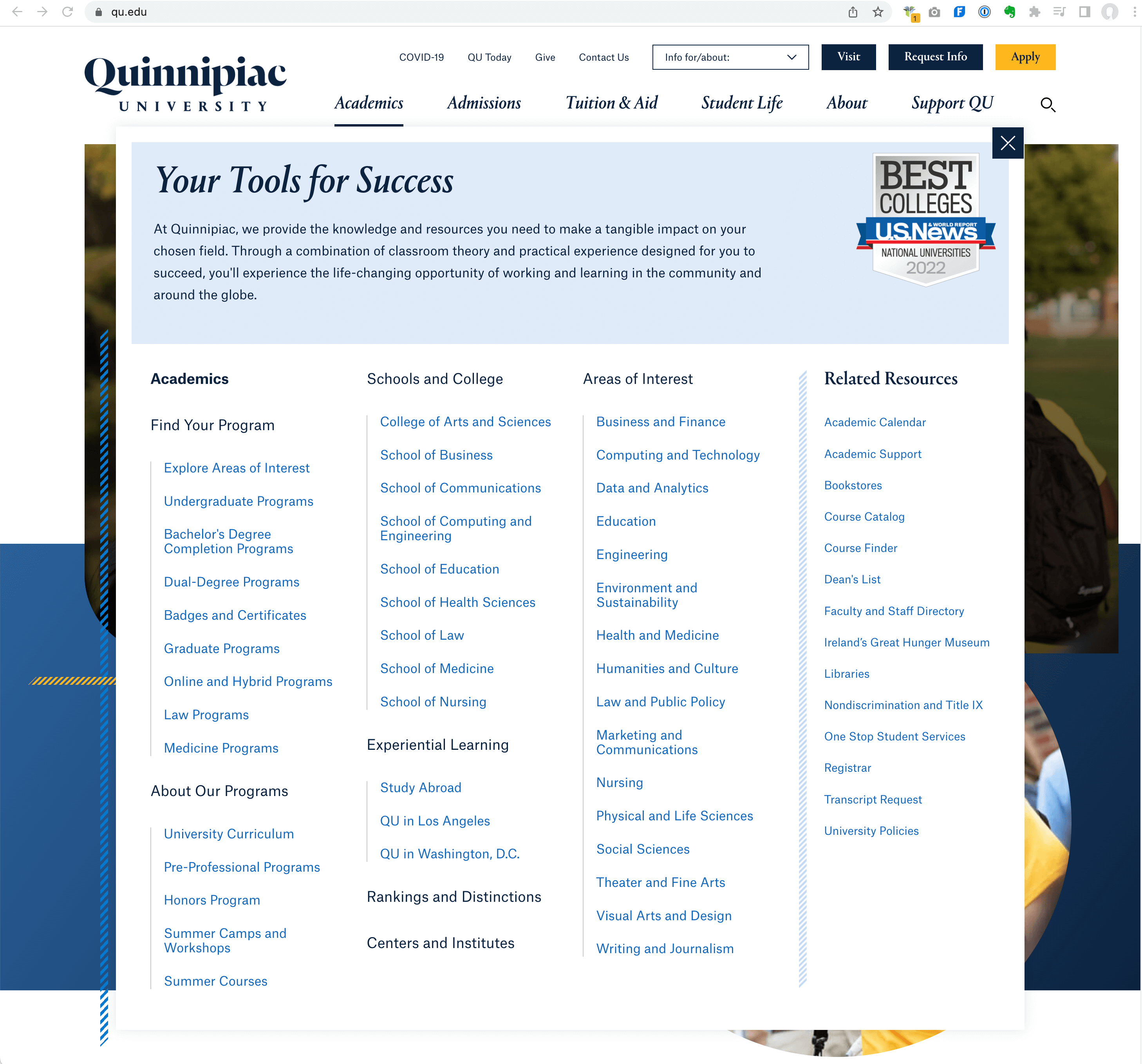 On the desktop version of Quinnipiac University's website, a modal window is used for the mega menu.