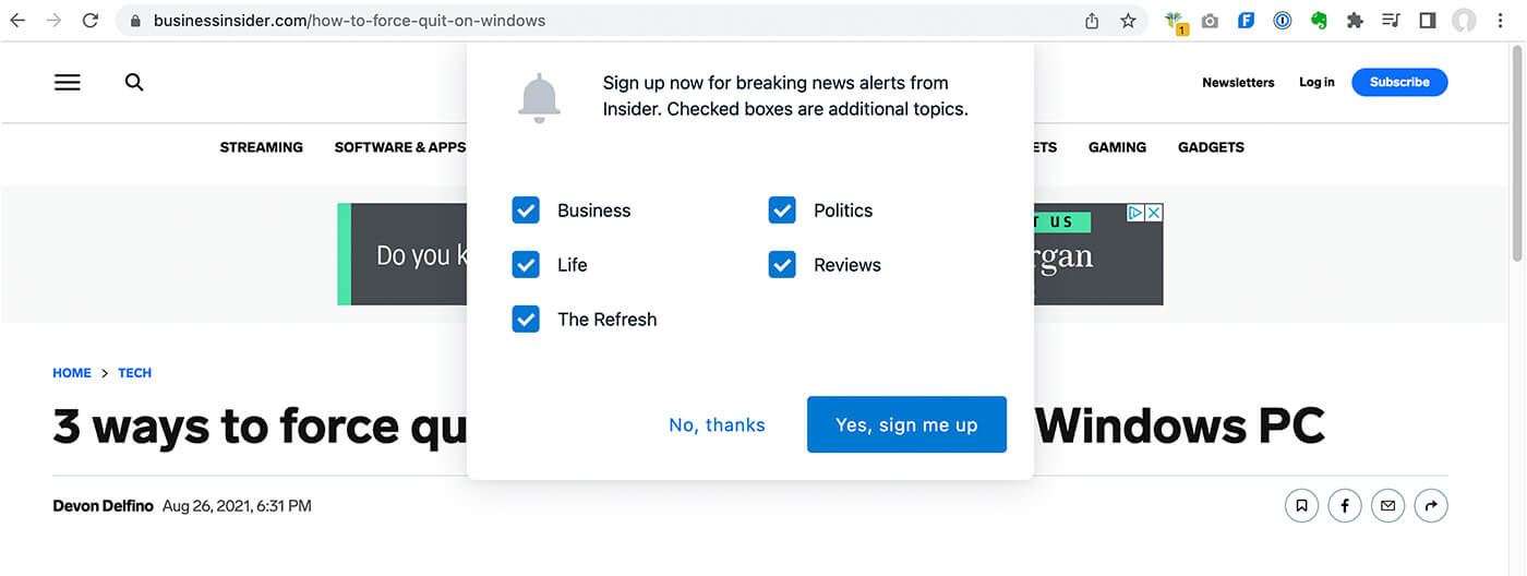How Business Insider uses an email popup window to solicit signups for topics.