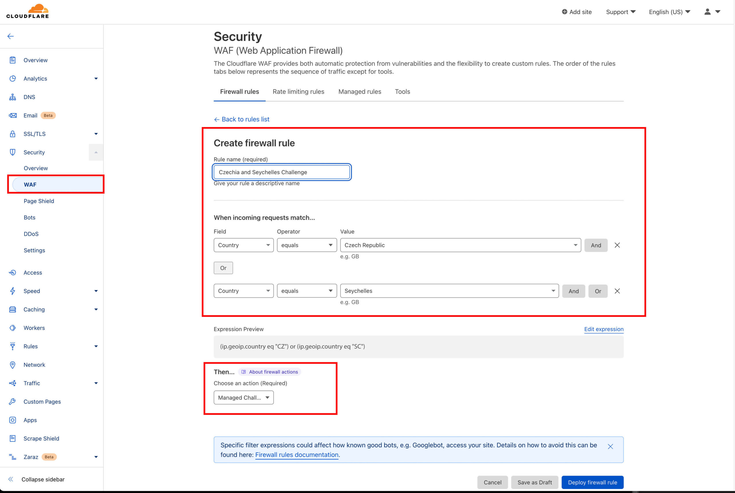 WAF (Web Application Firewall) rule to show managed challenge for visits from Czechia and Seychelles.