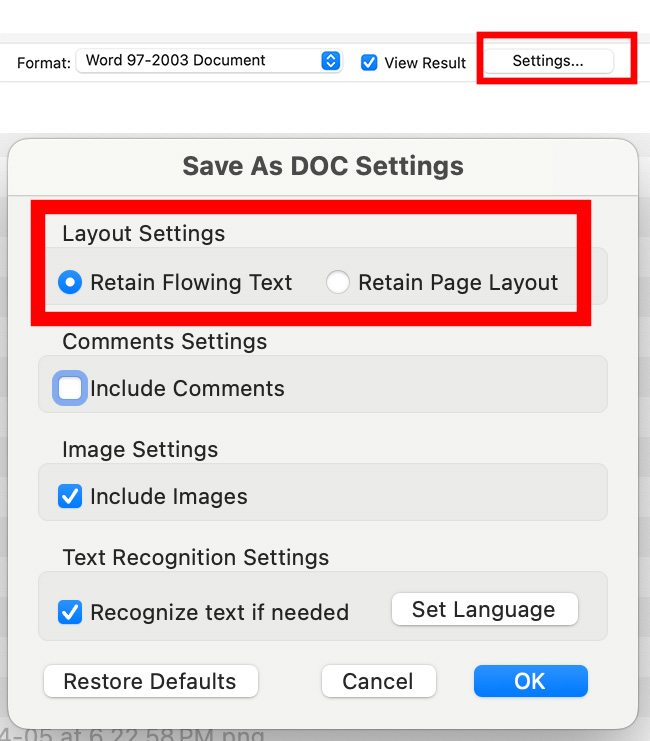 On a mac choose settings to choose layout settings for Retain Flowing Text or Retain Page Layout when exporting a pdf to a word document.
