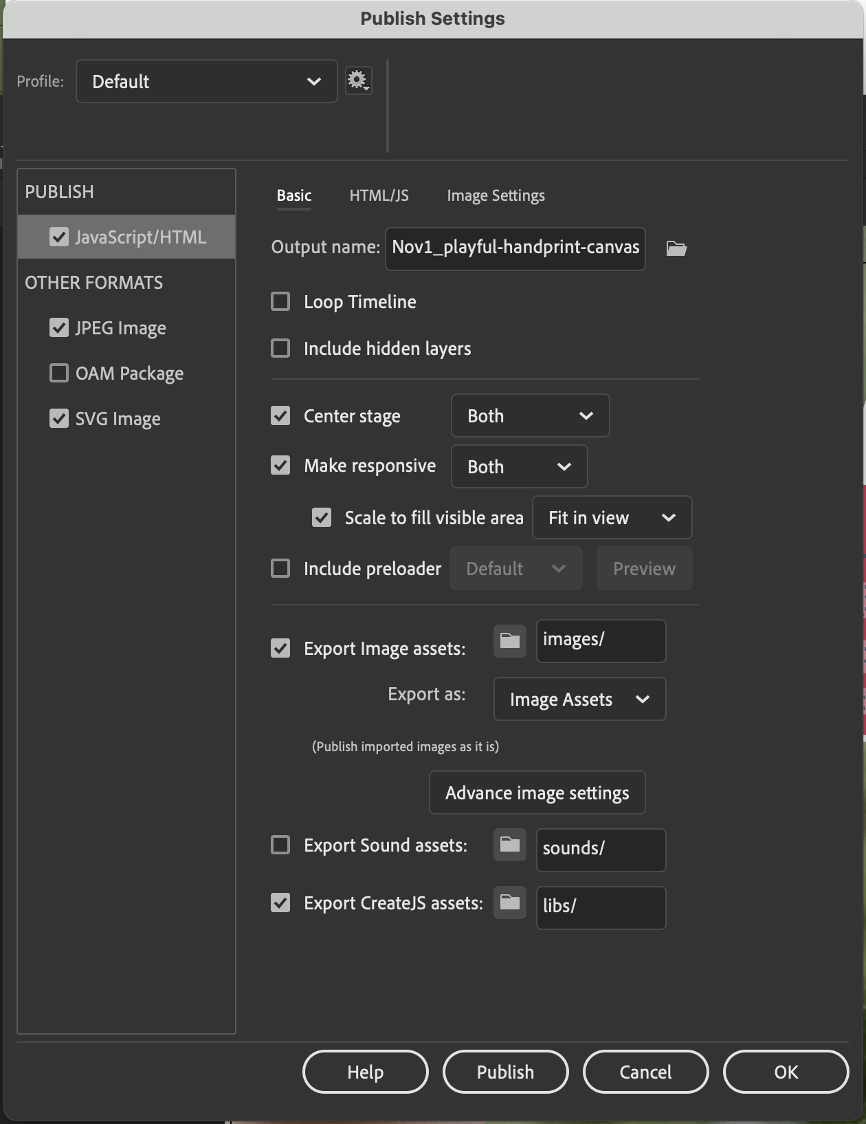 Example of recommended publish settings for a responsive HTML5 Canvas export from Adobe Animate.