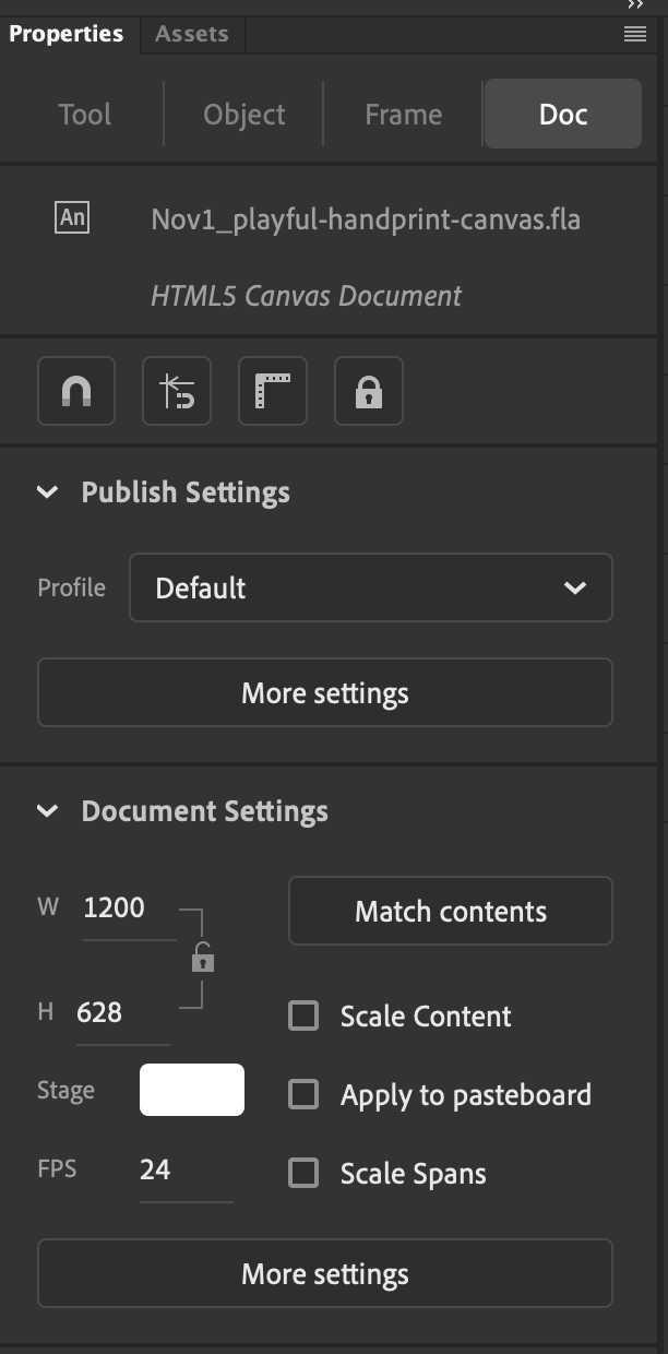 To find your canvas dimensions in Adobe Animate, go to Window > Properties and then look for Document Settings.