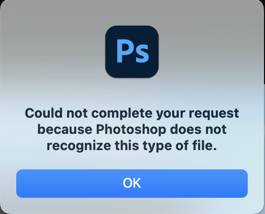 Photoshop could not complete your request because Photoshop does not recognize this type of file. The error that Photoshop shows when trying to open an .AVIF file type.