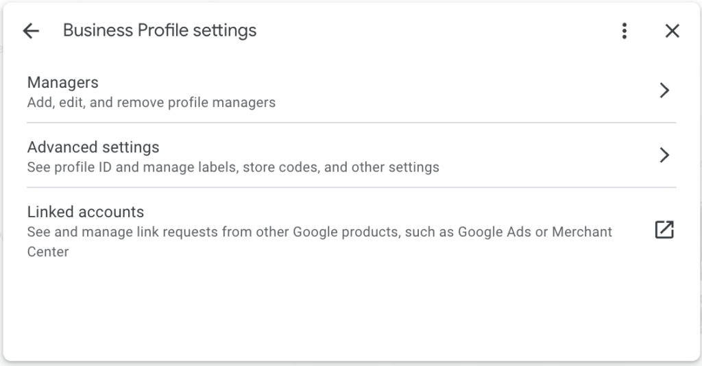 Google Business Profile settings allows you to add, edit and remove profile managers.