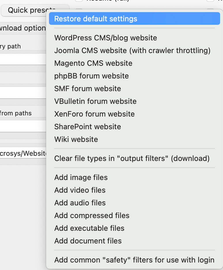 Presets to help with throttling for A1 Website Downloader